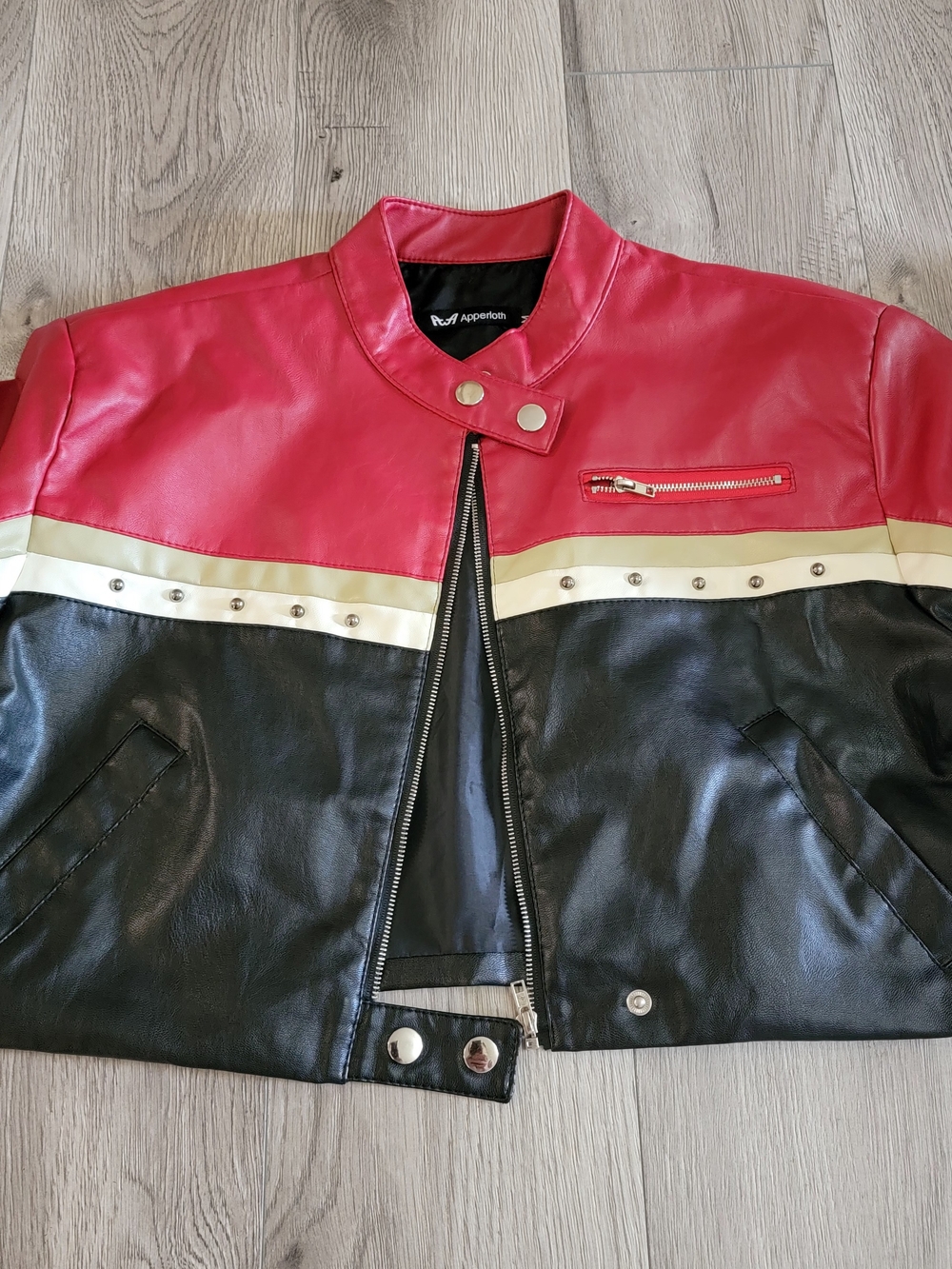 Red Black Faux Leather Short Jacket Streetwear Snap Zipper Stand Neck Outerwear - Picture 6 of 9